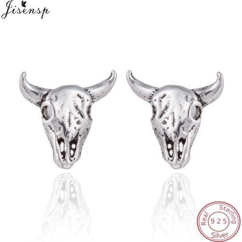 Jisensp Punk Vintage Cow Skull Stud Earrings 925 Sterling Silver Unisex Jewelry Punk Style Animal Earrings Statement oorbellen
