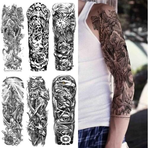 Full Sleeve Warrior Temporary Tattoos For Men Women Adult Fake Geometry Flower Tattoo Sticker Sleeve Black Water Transfer Tatoos