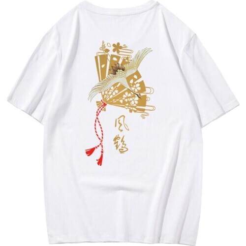 Fun Chinese Style Crane Print Mens T-Shirt Summer Casual Harajuku Teen All-Match Short-Sleeved Clothes Hip-Hop Simple Black Top