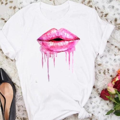 Women Summer Cartoon Lip Funny Ladies Watercolor Cartoon Female Tshirts Fashion Clothes Graphic T Top Lady Print Tee T-Shirt