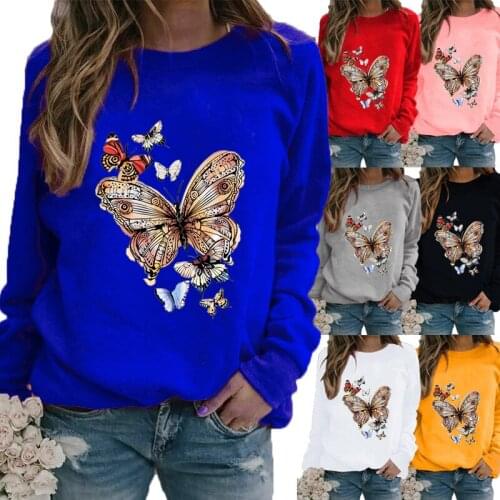 Women Autumn and Winter Clothing Butterfly Printed Casual Sweatshirt Long Sleeve Tops T-shirt Ladies Round Neck Pullover Blouse