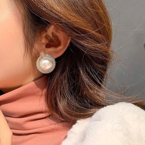 FORSEVEN Luxury Round Earring Big Simulates Pearls Rhinestone Ear Stud Earrings Women Girls Party Dress Jewelry Accessories