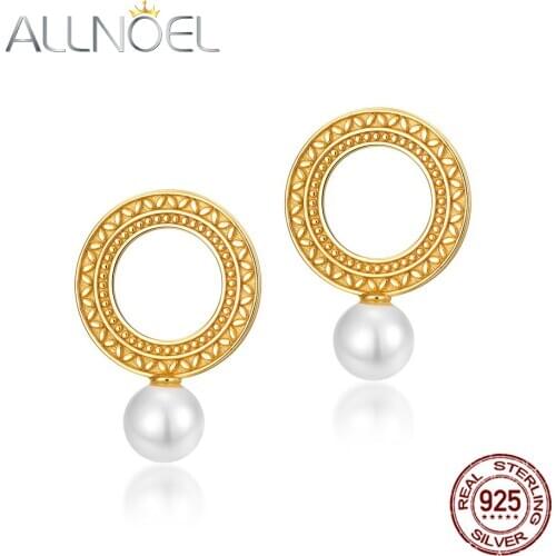ALLNOEL 925 Sterling Silver Earrings Gold Plated White Shell Beads Drop Exquisite Round Loop Earrings For Women Wedding Jewelry