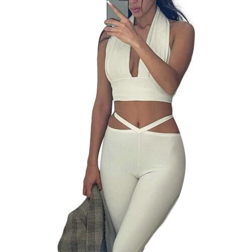 Women Pant Sets Two-piece White Ribbed Suits Summer Chic Deep Halter Neck Backless Crop Tops+Cut-Out Tight Pants