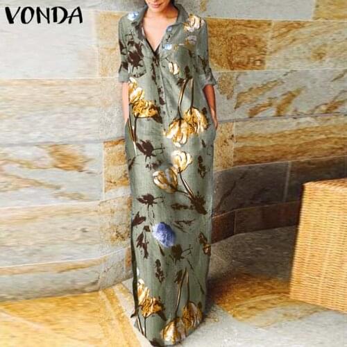 Vintage Floral Printed Pleated Long Maxi Dress With Pockets VONDA Women Dresses Casual Lapel Collar Button Up Party Sundress