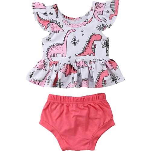 2PCS Toddler Infant New Baby Girl Fly Sleeve dinosaur Tops Tee + Triangle shorts Outfits Baby clothing