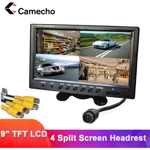 Camecho 9 inch 4 Split Screen Car Monitor 12V / 24V Headrest Rearview Monitor with RCA Connectors 6 Mode Display Remote Control