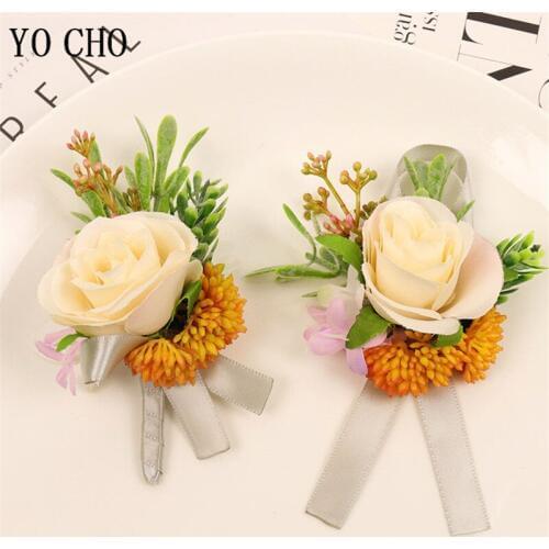 YO CHO Boutonniere Flowers Groomsmen Wedding Corsages Groom Boutonniere Silk Rose Wedding Bridesmaid Wrist Corsage Girl Bracelet