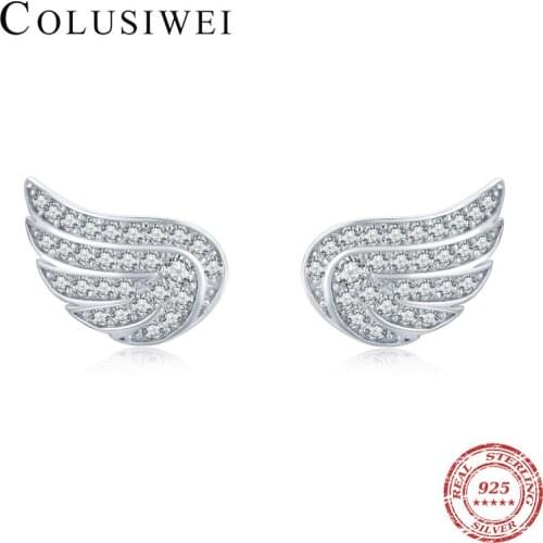 Colusiwei Clear CZ Beautiful Elegant Feather Angel Wings Hight Quality 925 Sterling Silver Stud Earring for Women Jewelry Bijoux
