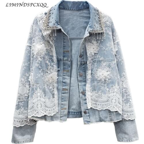European Lace Jeans Jackets Women 2020 Autumn New Industry Diamond Tassel Three-dimensional Flower Loose Jeans Coat Chaqueta