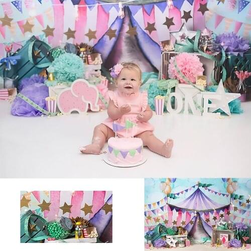 Circus Theme Kids 1st Birthday Backdrop Girl Sweet Children Portrait Photography Background Pink Balloon Purple Star Photostudio