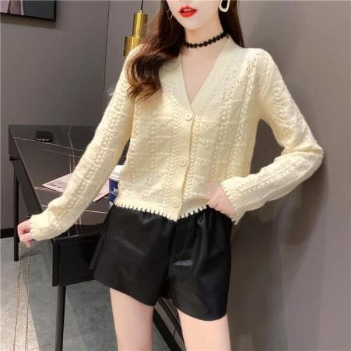 Cardigan Jacket Womens Knitwear Spring and Autumn New Womens Thin Section Hollow Short Section Foreign Style Sweater