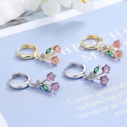 KISSLOVE 2021 Earrings Women Cherry Jewelry Cute Pink Zircon Hoop Earring Girl Valentines Day Accessories Hot