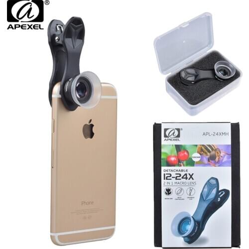 50pcs/lot APEXEL Mobile Phone Lens 2 in 1 Clip on 12X + 24X Super Macro Camera Lens Kit for iPhone 6 7 Plus Xiaomi DHL free