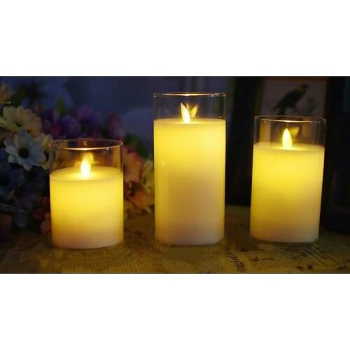 Remote controlled w/Timer Flickering Flame Pillar Candle Paraffin Wax Electric LED Glass Candle Set Home party table Deor-Amber