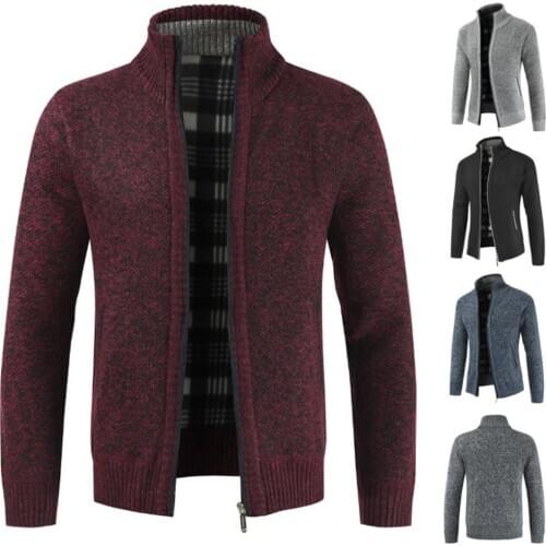Autumn Winter Men Knitted Sweater Pockets Plush Warm Slim Cardigan Coat