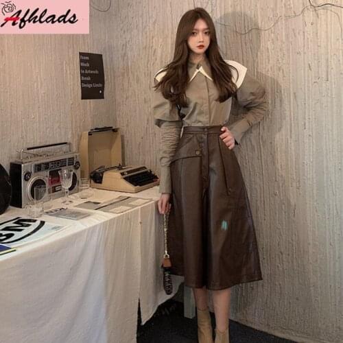 Autumn Vintage Puff Long Sleeved Single-Breasted Turn-Down Collar Shirt + Fashion Patchwork High Waist Skirt Two-Piece Sets