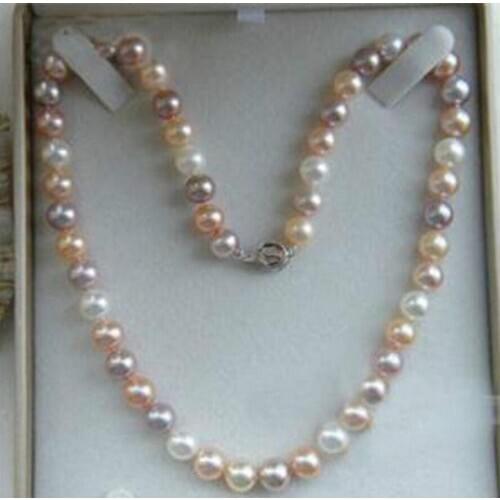 Free shipping 7-8mm Genuine Natural White & Pink & Purple Akoya Cultured Pearl Necklace 17"