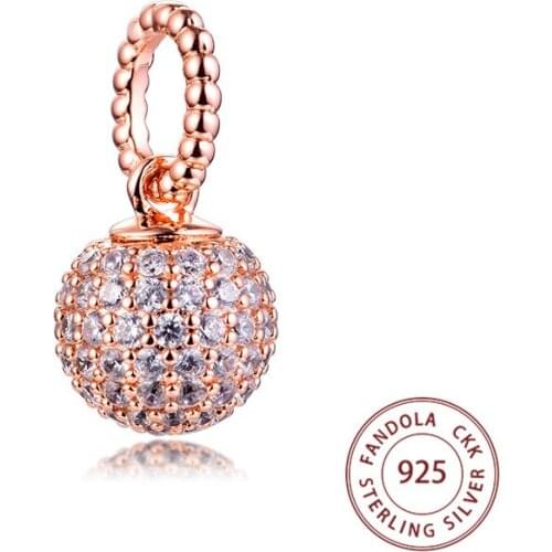 Fits Original Pandora Bracelet 925 Sterling Silver Rose Gold Pave Ball Pendant Charms Beads DIY Jewelry Gift Kralen