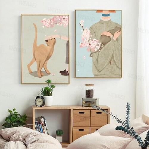 Nordic Girls Lazy Cats Canvas Painting Cherry Blossoms Posters and Prints Minimalist Wall Art Pictures for Living Room Bedroom