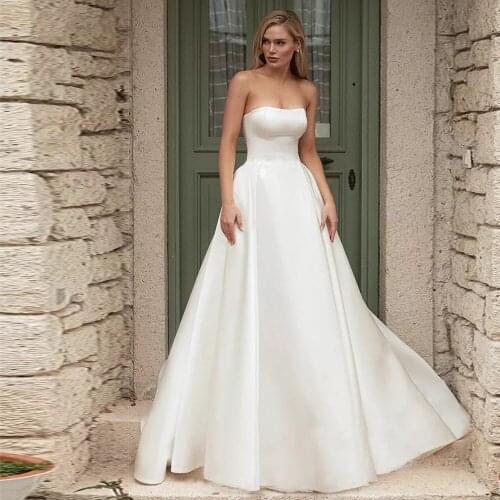 Simple Ivory Satin Beach Wedding Dresses A Line Bridal Dress Zipper Back Boho Bride Party Gowns Princess