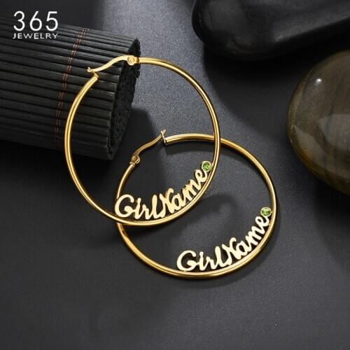 Stainless Steel Personalized Name Custom Earrings With CZ Stones Customized Cursive Nameplate Hoop Earring Gift Women Party Gift