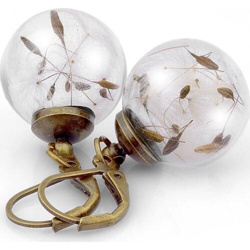 2 pairs 16MM Glass Ball Dandelion seed Earring dandelion jewelry Real Dried Flowers Dangle Earrings For Women