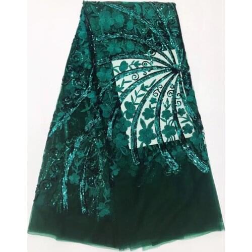 Dark Green French Net Fabric Embroidery African Tulle Lace Cloth Sequins Nigerian High Quality Mesh Material For Dress GN7
