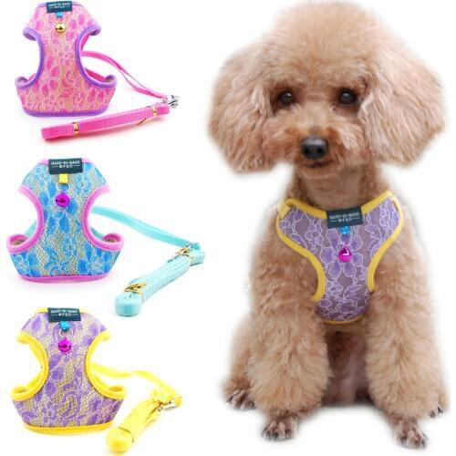 Dog Cat Lace Harness Vest Pet Products Adjustable with Bell Walking Lead Leash Puppy Polyester Mesh Harness for Small Medium Dog
