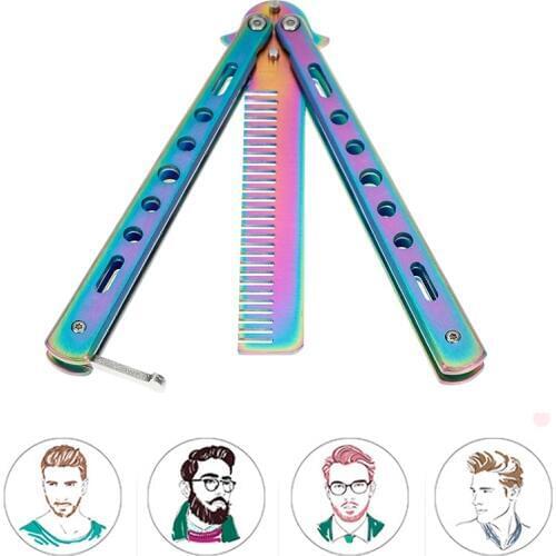 Foldable Comb Stainless Steel Practice Training Butterfly Knife Comb Beard & Moustache Brushes Hairdressing Styling Tool