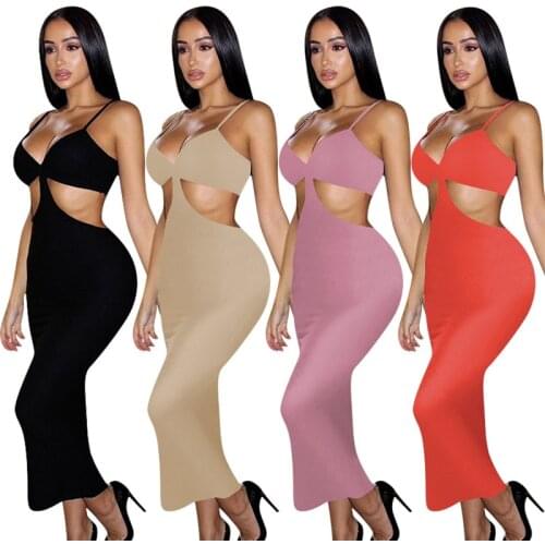 WJFZQM Black Midi Dress for Women Summer 2021 Elegant Sexy Party Hollow Out Backless Bodycon Dress Spaghetti Strap Pencil Dress