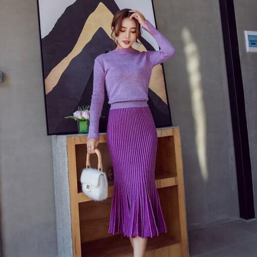 Fashion Knitted Two-piece Skirt Autumn Winter New Fashion Womens Sweater Temperament Long Sleeve + Half-length Dress
