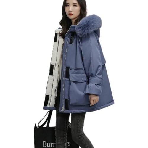 2021 Winter New Long Down Cotton Jacket Women Loose Thick Warm Cotton Outerwear Casual Hooded Fur Collar Parka Overcoat Overalls