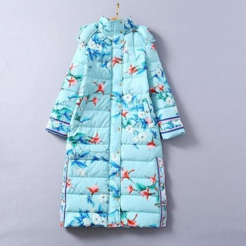 European and American womens wear 2020 winter new style Long-sleeved hooded flower print Fashion blue warm down jacket