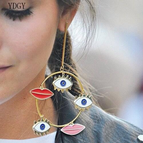 Ydgy Declaration of Earrings for Women Red Lips Long Great Circle button Earrings Gold Women Earrings Earrings Jewelry, Evil Eye