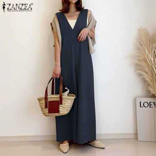 Oversize Womens Summer Jumpsuits ZANZEA 2021 Kaftan V Neck Overalls Casual Solid Tank Playsuits Female Pantalon Palazzo Romper