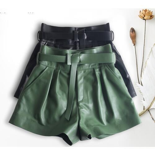 Women Harajuku Genuine Leather Bud Pleated Falbala Shorts With Belt Femme High Waist Hhaki/Green Casual Mujer Sexy Booty Shorts