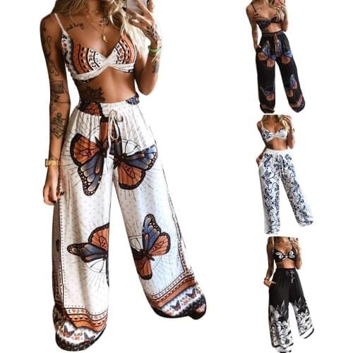 Women Casual Two-piece Clothes Set, White Butterfly Printed Pattern Tops + Long Pants, S/ M/ L/ XL New Fashion 2021