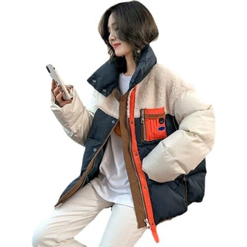 Womens Lamb Wool Stitching down Jacket Womens Short 2021 Winter New European Goods Fashion Design Contrast Color Coat