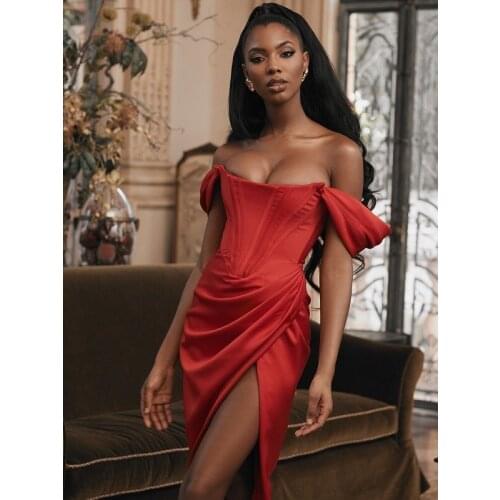 2021 Summer Sexy Red Off Shoulder Satin Casual Slim Pleated Women Party Dress Nightclub Vestidos Femme Vintage Robe