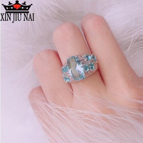 Sea-blue zircon double-color engagement rings popular in Europe America Inlaid with broken drills aquamarine ring nickles women