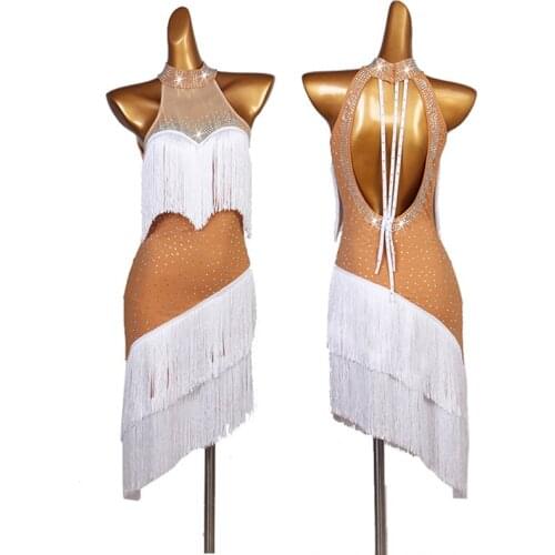 Sexy Backless Latin Dance Competition Dress Women Girls Customized Tassel Sleeveless Diamonds Rumba Performance Costumes YB1159