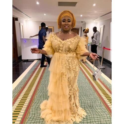 Plus Size Dresses For Women Yellow Mermaid Lace Appliques V-Neck Ruffles Half Sleeves Formal Occasion Evening Dinner Gowns