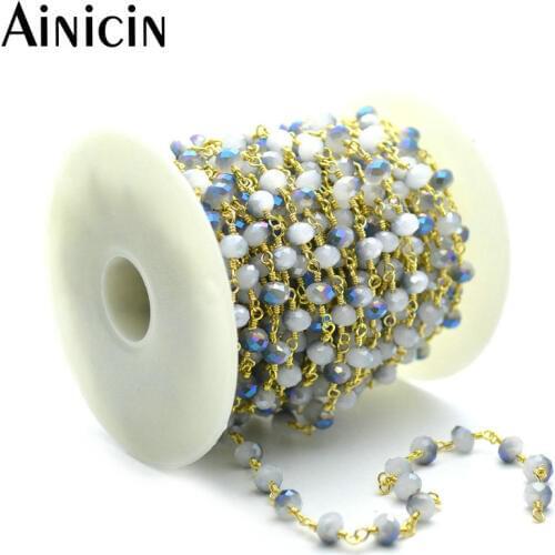 5 Meters Opaque Blue Gray Color Faceted Glass Beads Handmade Rustless Gold Wire Bead Chains DIY Jewelry Making Findings