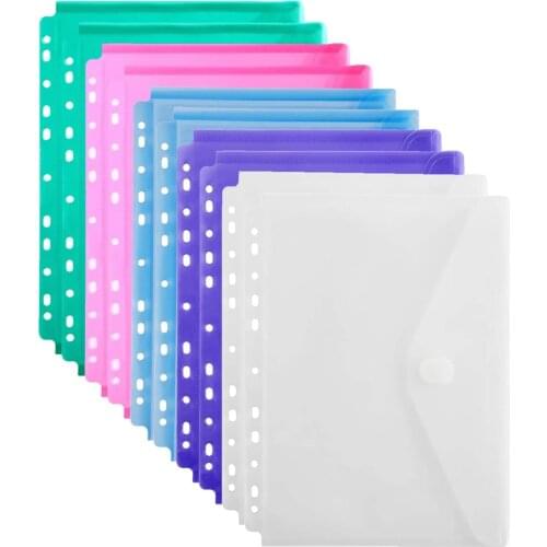 5pcs/Set 11 Hole Clear Poly Envelope Binders Pocket Insert with Hook and Loop A4 Paper Document File Bags for 2/ 3/4 Ring Binder