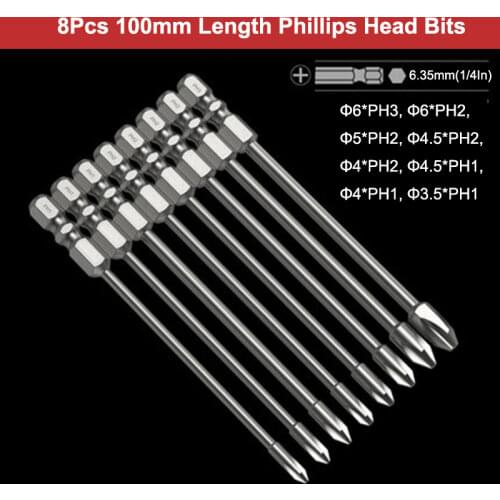 BROPPE 8Pcs 75/100mm Length Impact Phillips Screwdriver Bit High Torque Cross Screwdriver Bit S2 Strong Magnetic Screwdriver Bit