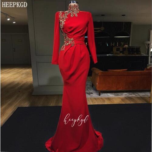 Abendkleider Long Sleeves Red Mermaid Arabic Muslim Evening Dress High Neck Golden Crystals Satin Formal Dresses Long Prom Gowns