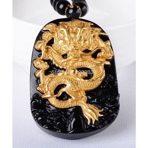 Free shipping Wholesale Gold Natural Black Obsidian Carving Dragon Lucky Amulet Pendant For Women Men pendants Fashion Jewelry