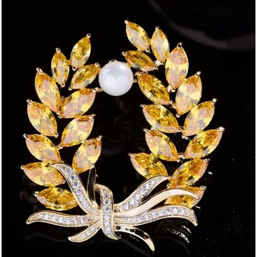 OKILY Fashion Wheat Brooch Elegant Cubic Zirconia Brooches Pin Temperament Pearl Wreath Coat Corsage Accessories Jewelry