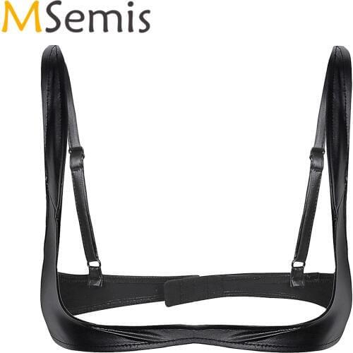 Womens Open Cup Shelf Bra Exposed Breasts Lingerie Crotchless Bra Fashion Leather Adjustable Wire-free Nipples Bra Top